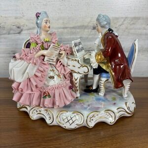 Victorian Dresden Germany Porcelain Lace. Playing the Piano. Hand Painted  8"x7"